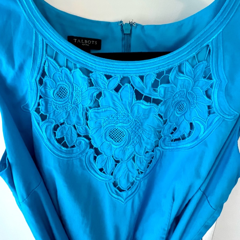 Talbots Petite 2P Blue Embroidered Sateen Fit & Flare Dress - Picture 7 of 11